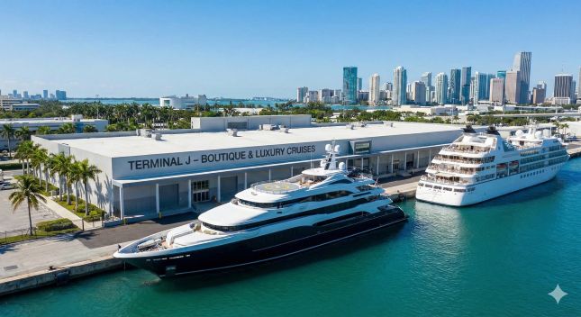 Luxury yachts and small cruise ships docked at PortMiami's Terminal J, the dedicated boutique Miami cruise terminal.